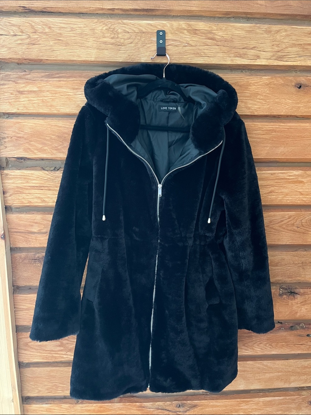 Love Token Women's Black Faux Fur Hooded Coat